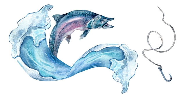 Banner de truta salmão e ilustração em aquarela de onda do mar isolada em branco