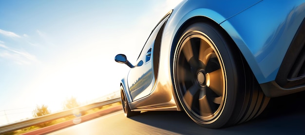 Banner de um carro esportivo genérico e sem marca rodando na ilustração generativa de ai do pôr do sol