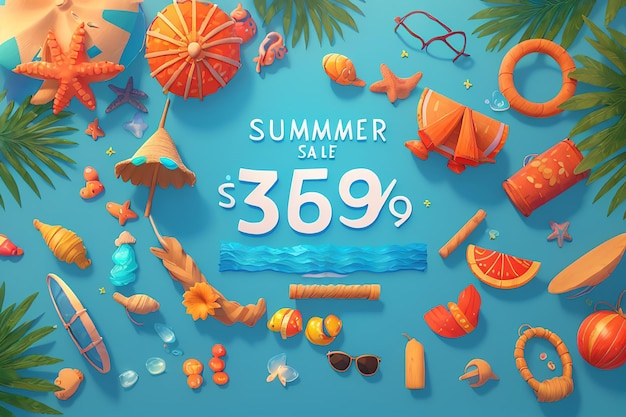 Banner de venda de verão com elementos de praia 3D em fundo azul