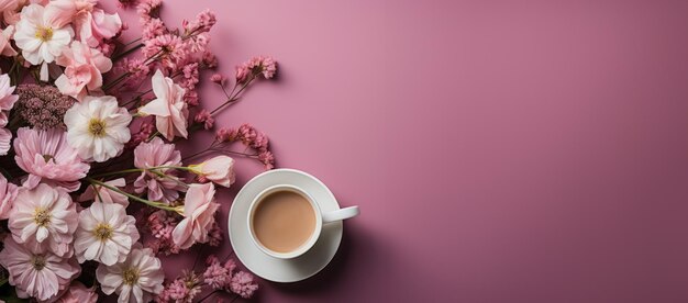 Banner de verão ou convite com flores de prado e xícara de café em fundo roxo gerado por IA