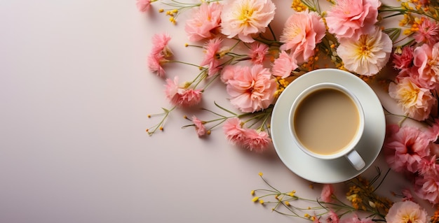 Banner de verão ou convite com flores de prado e xícara de café em um fundo rosa gerado por IA