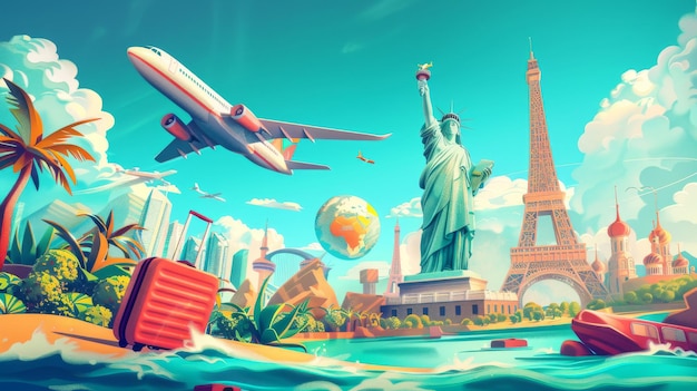 Foto banner de viagem viagem ao redor do mundo marcos no globo conceito de viagem de turismo viagem em férias ilustração vetorial design plano moderno