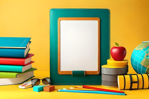 Foto banner de volta ao elemento de educação de papelaria da escola banner vazio isolado de desenhos animados nas costas amarelas