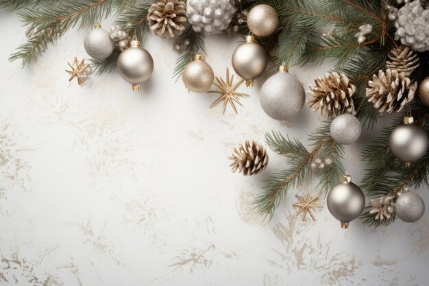 Banner dekorative Weihnachtsbaumzweige mit Kugeln und Zapfen auf weißem Hintergrund