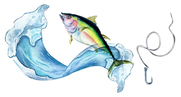 Banner der Thunfisch- und Meereswellen-Aquarellillustration lokalisiert auf Weiß