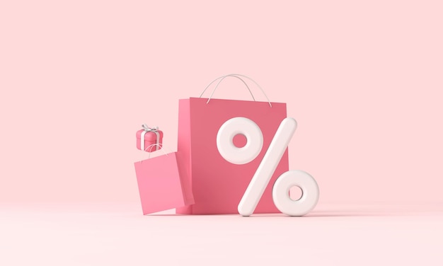 Banner de descuento de compras en línea con bolsas de papel y regalos d renderizado