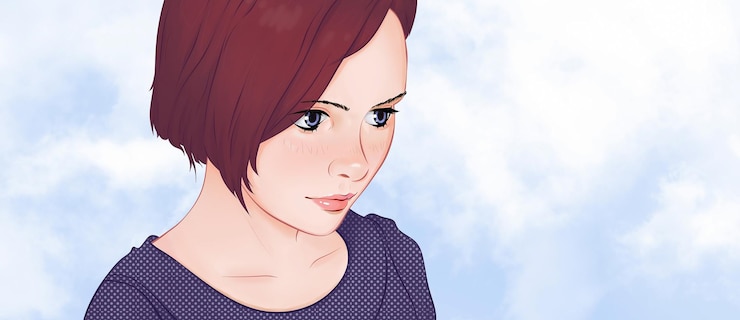 Foto banner desenhada jovem e linda mulher pensativa olha para o espaço da cópia