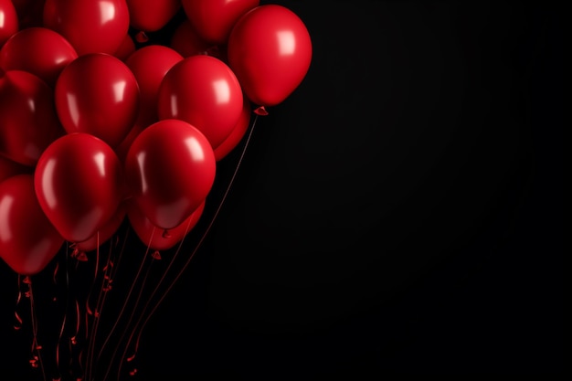 Foto banner-design mit einem haufen roter ballons auf schwarzem hintergrund