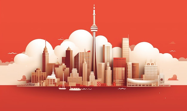 Banner del día de Canadá con fondo de bandera y globo con el horizonte de la ciudad Ai Generated