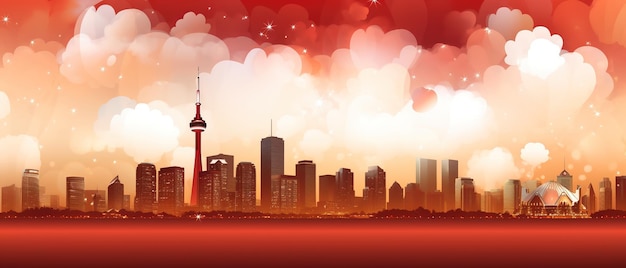 Banner del día de Canadá con fondo de bandera y globo con el horizonte de la ciudad Ai Generated