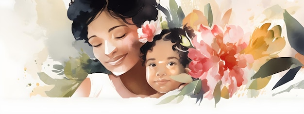 Banner del Día de la Madre con madre POC y su hijo