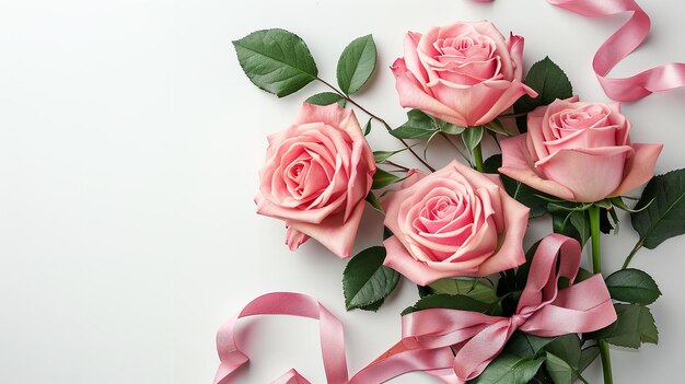 Banner del Día de San Valentín con flores de rosa rosadas y una caja de regalos en un fondo blanco AI generativa