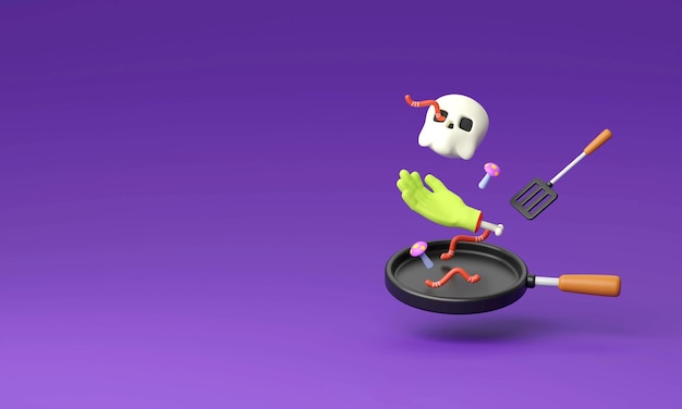 Banner de dibujos animados de Halloween con fondo de cocina repugnante 3d reder ilustración