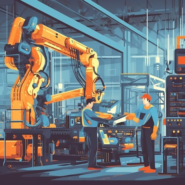 Foto banner de dibujos animados plano del hombre del proceso de fabricación de robots