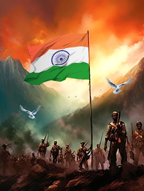 Banner do Dia da Independência da Índia com lutadores pela liberdade e bandeira indiana