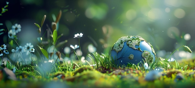 Banner do Dia da Terra Um bonito globo de plástico 3D entre grama e flores silvestres contra um céu nublado da manhã Conceito de ecologia para pano de fundo padrão de cartão de saudação de banner com espaço de cópia