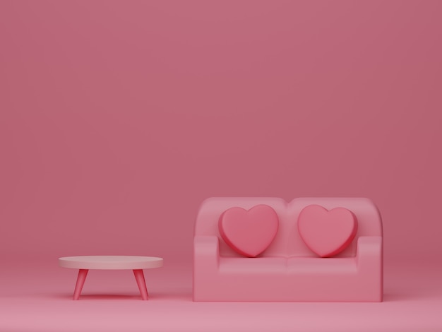 Foto banner do dia dos namorados com móveis retrô em pano de fundo rosa. renderização 3d.