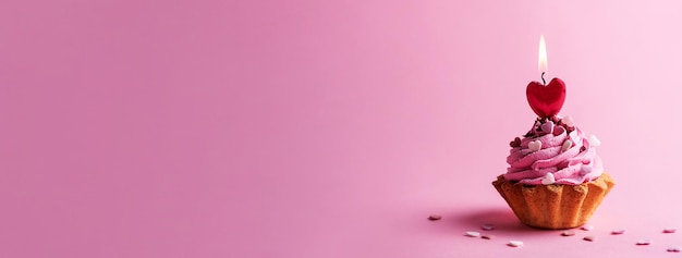 Banner do dia dos namorados, cupcake com creme e uma vela em forma de coração ardente em um fundo rosa.