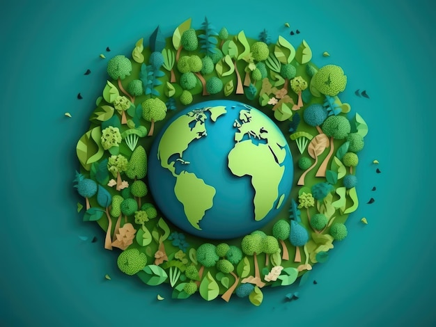 Foto banner do mapa colorido do globo com árvores verdes recortadas em papel