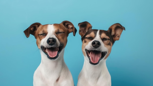 Banner dos perros sonrientes con expresión feliz y ojos cerrados aislados en un fondo de color azul