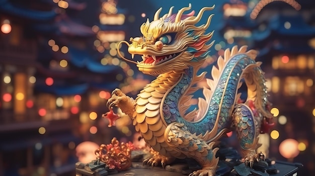 Banner con dragón en fondo bokeh para la decoración de Navidad y Año Nuevo Chino de cerca