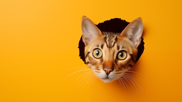 Banner eine Bengalkatze sieht aus der Wand auf einem orangefarbenen Studio-Hintergrund Haustier zerrissenes Papier
