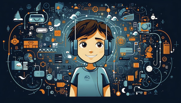 Banner eines Kindes, das in die Welt der technischen Geräte eingetaucht ist, zeigt Digital Native Gen Alpha Design