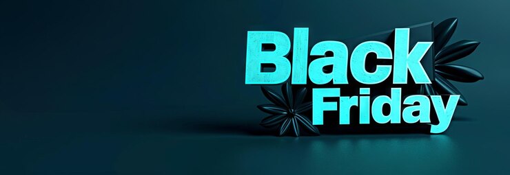 Foto banner elegante del black friday con texto azul vibrante del black friday y un telón de fondo oscuro elegante con elementos de diseño moderno concepto de compras navideñas ventas minoristas descuentos especiales espacio de copia