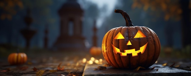 banner con espacio para su texto con la imagen de un pumplking tallado para Halloween generado por ai