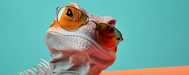 Foto banner con espacio para su texto con una lagarta fresca con gafas de sol generadas por ai