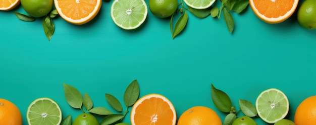 Banner con espacio para el texto con la imagen de limones y naranjas vistas desde arriba generado con ai