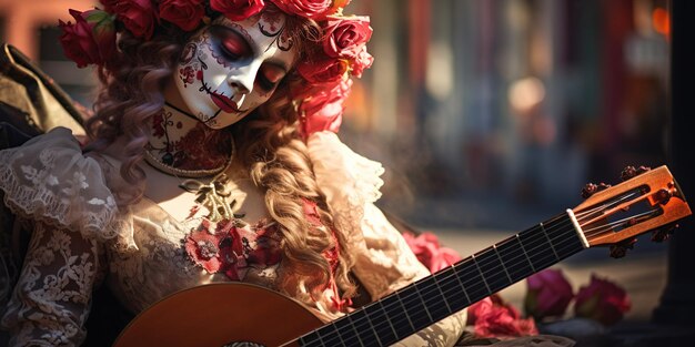 Banner Esqueletos de mariachi artísticamente elaborados adornados con sombreros tocan guitarras en un entorno cálidamente iluminado celebrando el Día de los Muertos AI Generative