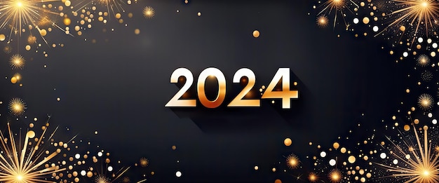 Banner Feliz año nuevo 2024 Tarjeta de felicitación dorada sobre fondo oscuro Arte generativo de IA