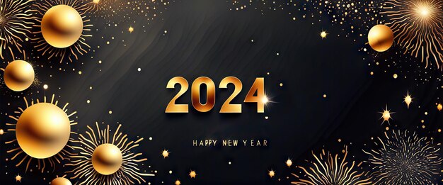 Banner Feliz año nuevo 2024 Tarjeta de felicitación dorada sobre fondo oscuro Arte generativo de IA