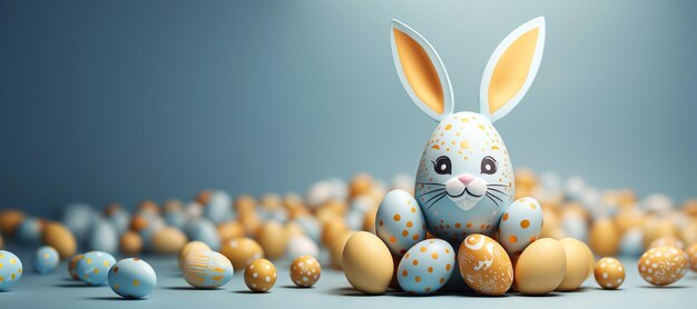 Banner Feliz conejo de Pascua escondido en huevos amarillos en azul concepto de vacaciones de Pascua de lujo