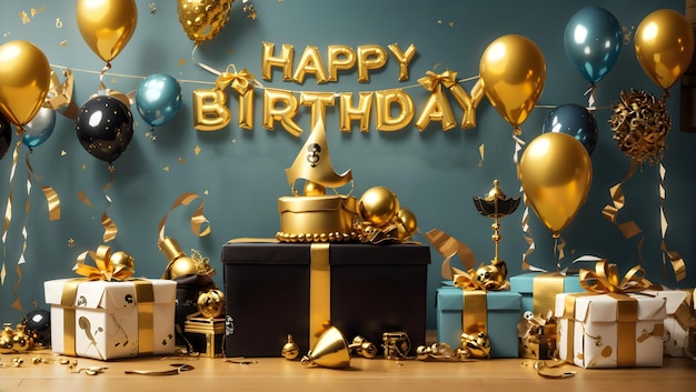 banner de feliz cumpleaños con texto dorado en 3d