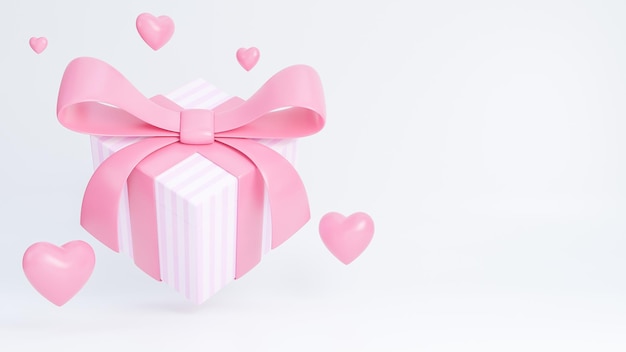 Banner de feliz día de san valentín con caja de regalo y corazones objetos 3d sobre fondo rosa, modelo 3d e ilustración.