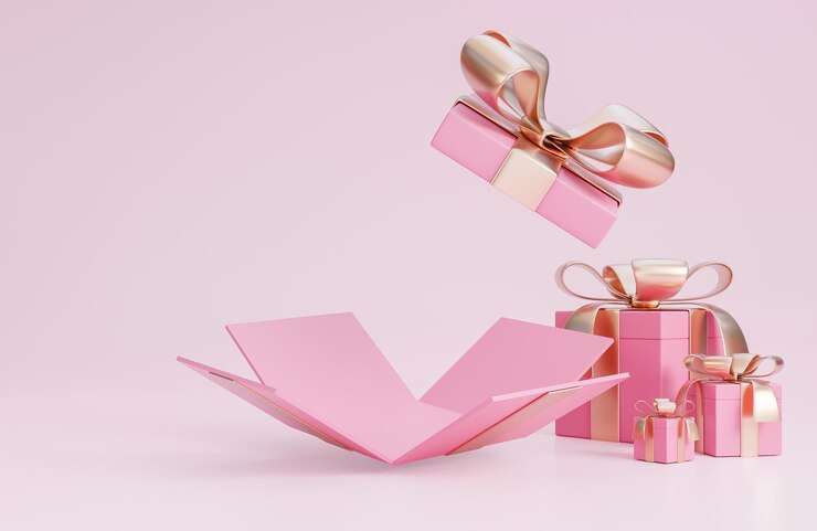 Banner de feliz día de san valentín con caja de regalo rosa abierta y decoraciones románticas de san valentín