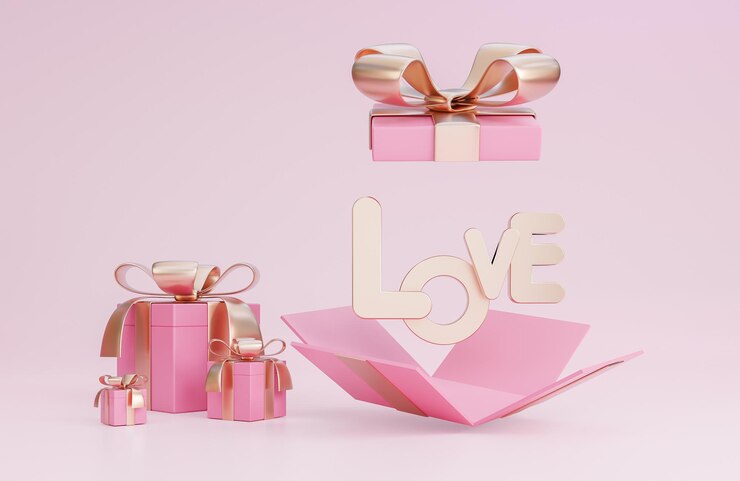 Banner de feliz día de san valentín con caja de regalo rosa abierta y decoraciones románticas de san valentín