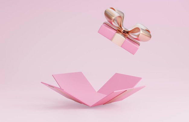 Foto banner de feliz día de san valentín con caja de regalo rosa abierta sobre fondo rosa modelo e ilustración 3d