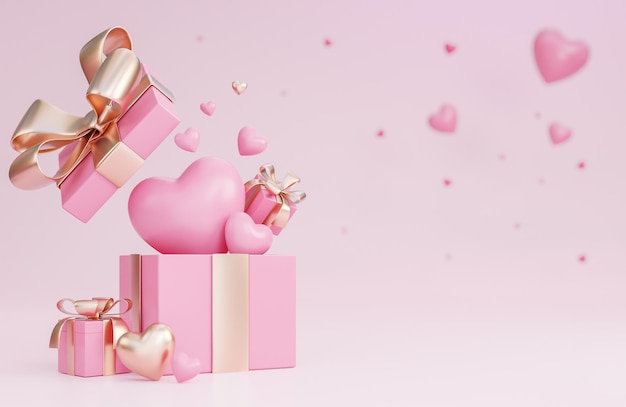 Banner de feliz día de san valentín con corazones 3d, caja de regalo y decoraciones románticas de san valentín sobre fondo rosa., modelo 3d e ilustración.