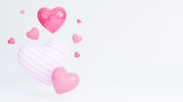 Banner de feliz día de san valentín con muchos corazones objetos 3d sobre fondo blanco, modelo 3d e ilustración.