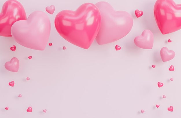 Banner de feliz día de san valentín con muchos corazones objetos 3d sobre fondo rosa, modelo 3d e ilustración.