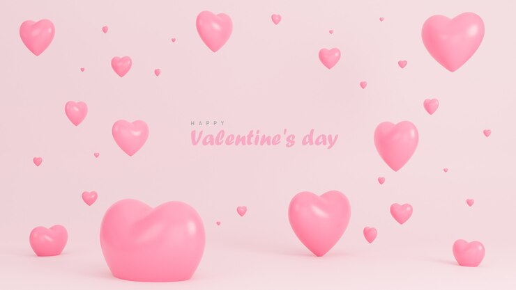 Banner de feliz día de San Valentín con muchos corazones objetos 3d sobre fondo rosa.