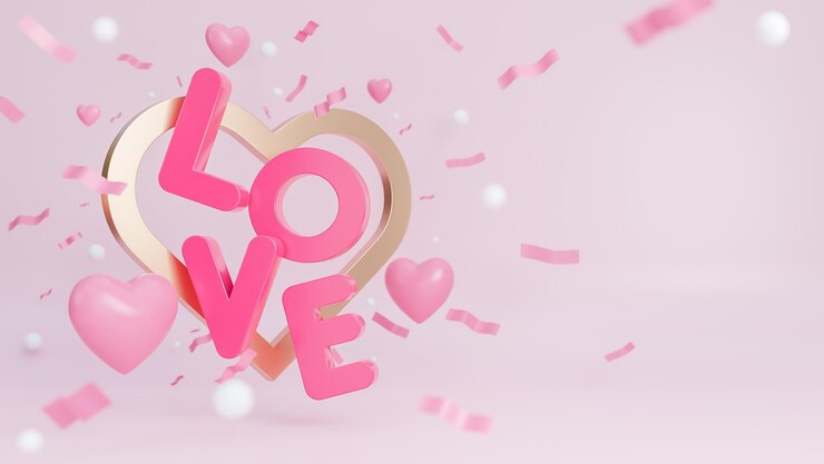 Banner de feliz día de san valentín con muchos corazones y texto de amor sobre fondo rosa, modelo 3d e ilustración.