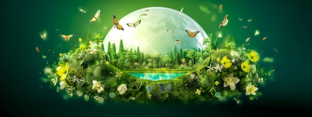 Banner de feliz día de la tierra de la ecología global del planeta verde hecho con IA generativa