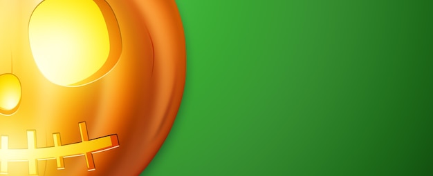 Banner de Feliz Halloween. Imagen realista de una calabaza naranja sobre un fondo verde.