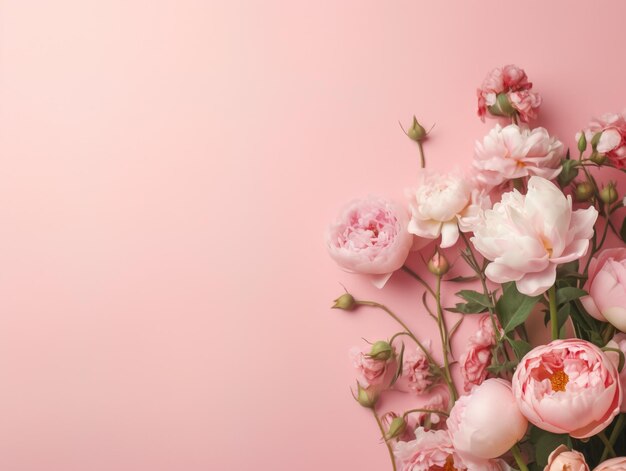 Banner con flores en fondo rosa claro plantilla de tarjeta de felicitación para el día de las madres de bodas o mujeres Composición de primavera con espacio de copia Estilo plano