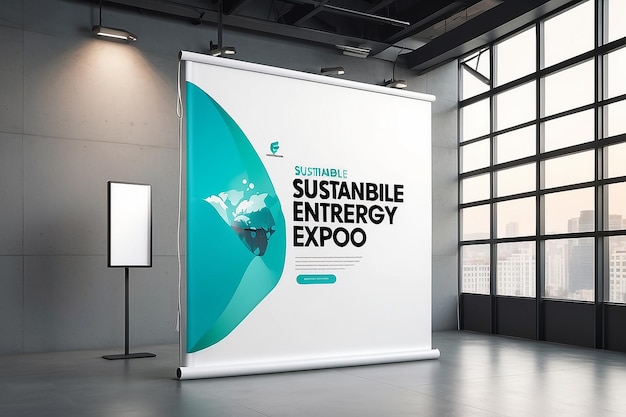 Banner flotante de la Exposición de Energía Sostenible Mockup con espacio blanco en blanco para colocar su diseño