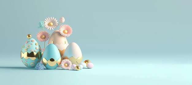 Banner de fondo de celebración de Pascua con huevos 3D y flores con espacio de copia